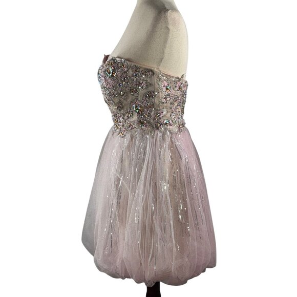 Tony Bowls Jeweled & Lace Bodice Pink Tulle & Silver Short Bubble Dress … - Picture 2 of 13